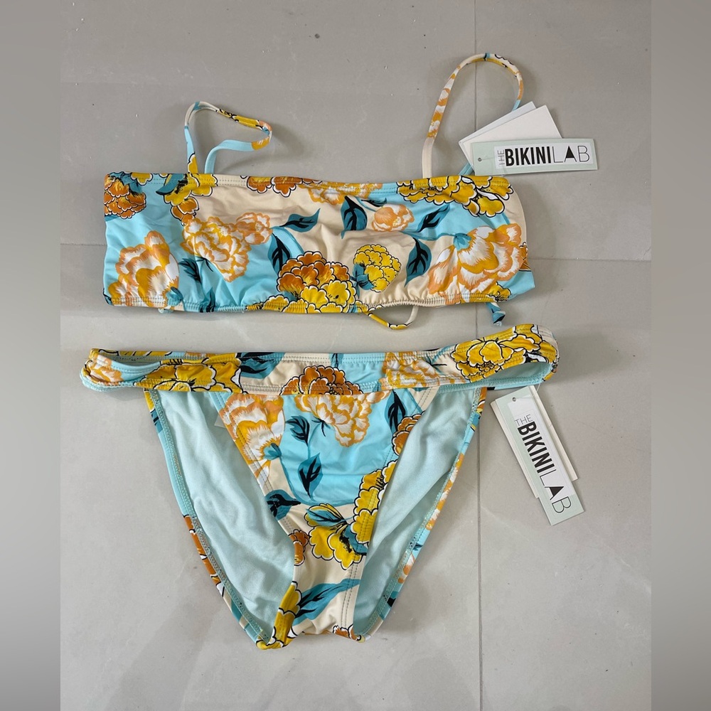 The Bikini Lab Womens Swimsuit Bikini Bottom Small Nylon Floral Blue & Yellow
